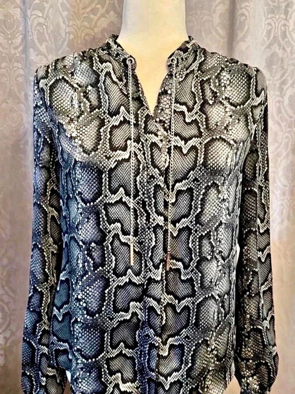 Michael Kors Snake Print Chain Neck Long Sleeve Blouse Black & Gray Small